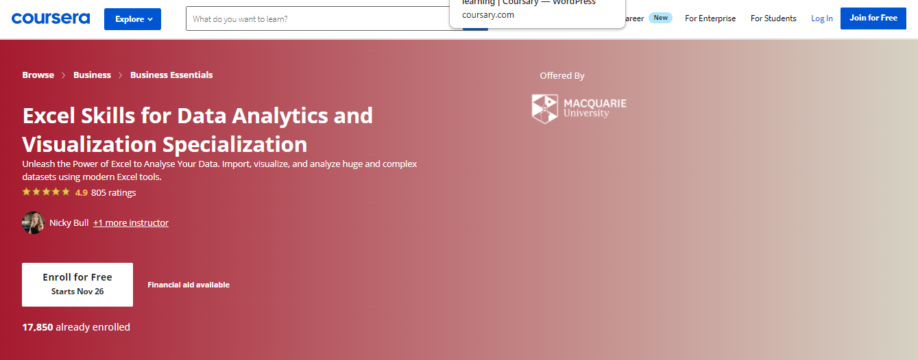 Excel Skills for Data Analytics and Visualization Specialization