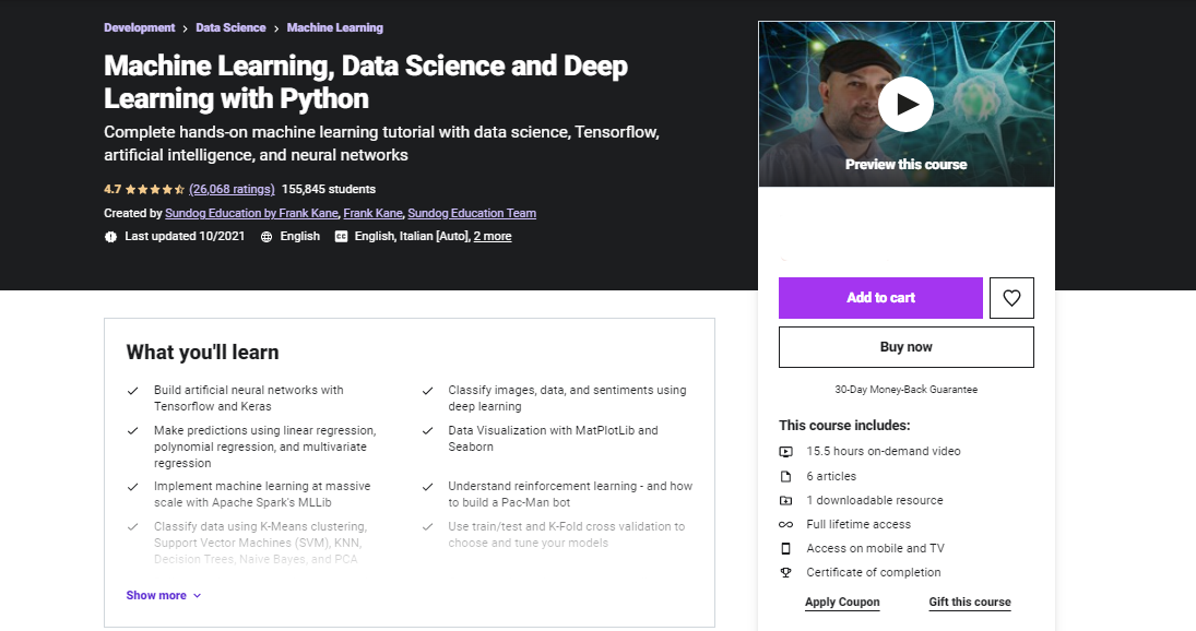 Machine Learning, Data Science, and Deep Learning with Python